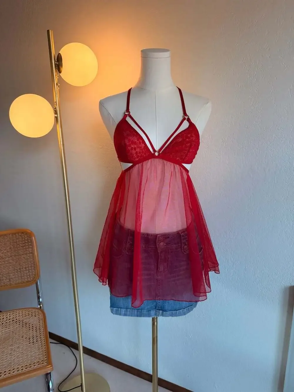 Victoria's Secret Red Lace and Mesh Strappy Flyaway Babydoll Chemise